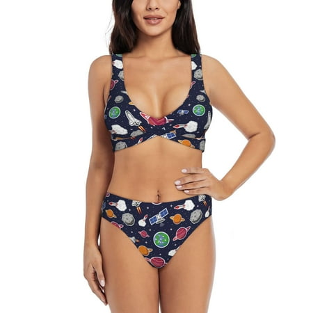 Zeuib Rocket Satellite High Waisted Tummy Control Bikini Set - Knot Front Push Up Top & Cheeky Thong Bottom  Two-Piece Swimsuit for Women-Medium