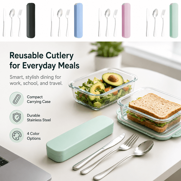 3pcs Stainless Steel Travel Cutlery Set, Reusable Knife Fork Spoon Flatware with Portable Plastic Case for Office, School, Picnic, Camping, Work Lunch and Everyday Carry Use, Black