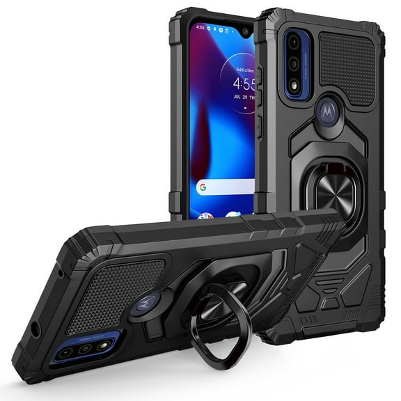 Ring Kickstand Phone Case for Moto G Pure / Moto G Power 2022 Case w/Tempered Glass Screen Protector for Car Mount Hybrid Hard PC Soft TPU Shockproof Protective Case - Black