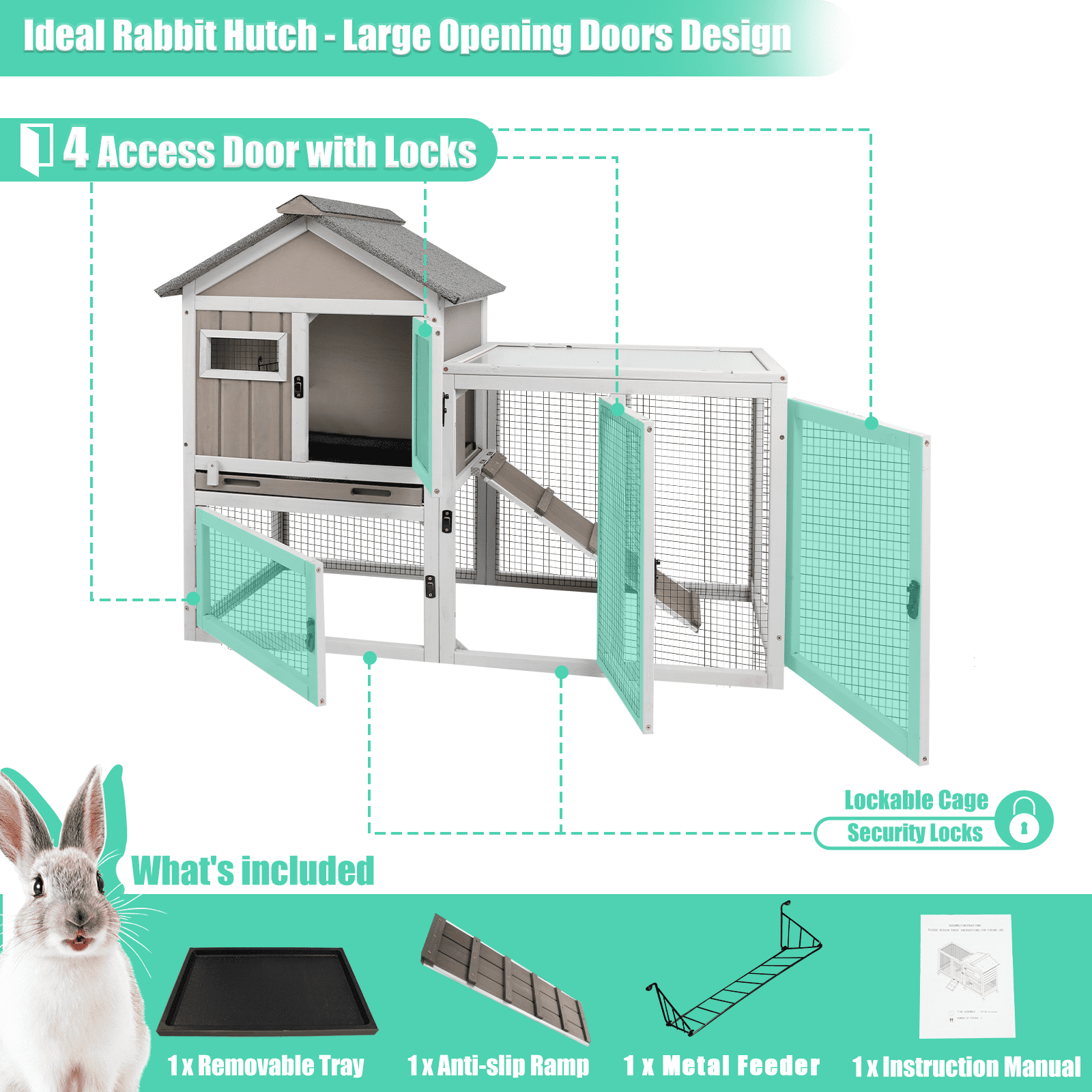 PETSCOSSET Rabbit Hutch Bunny Cage Indoor, Two-Story Large Rabbit Cage Guinea Pig House with Tray, Gray