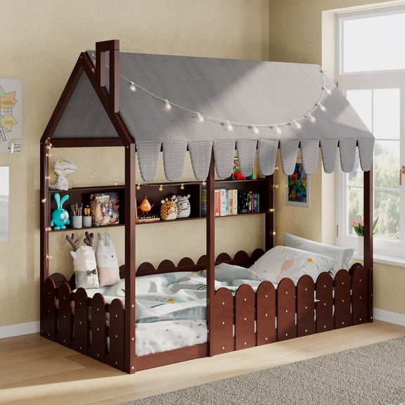 Aukfa Twin House Bed with Fence and Tent for Kids, Wooden Montessori Bed with LED Lights & Storage Shelves for Toddler Boys and Girls Bedroom, Espresso