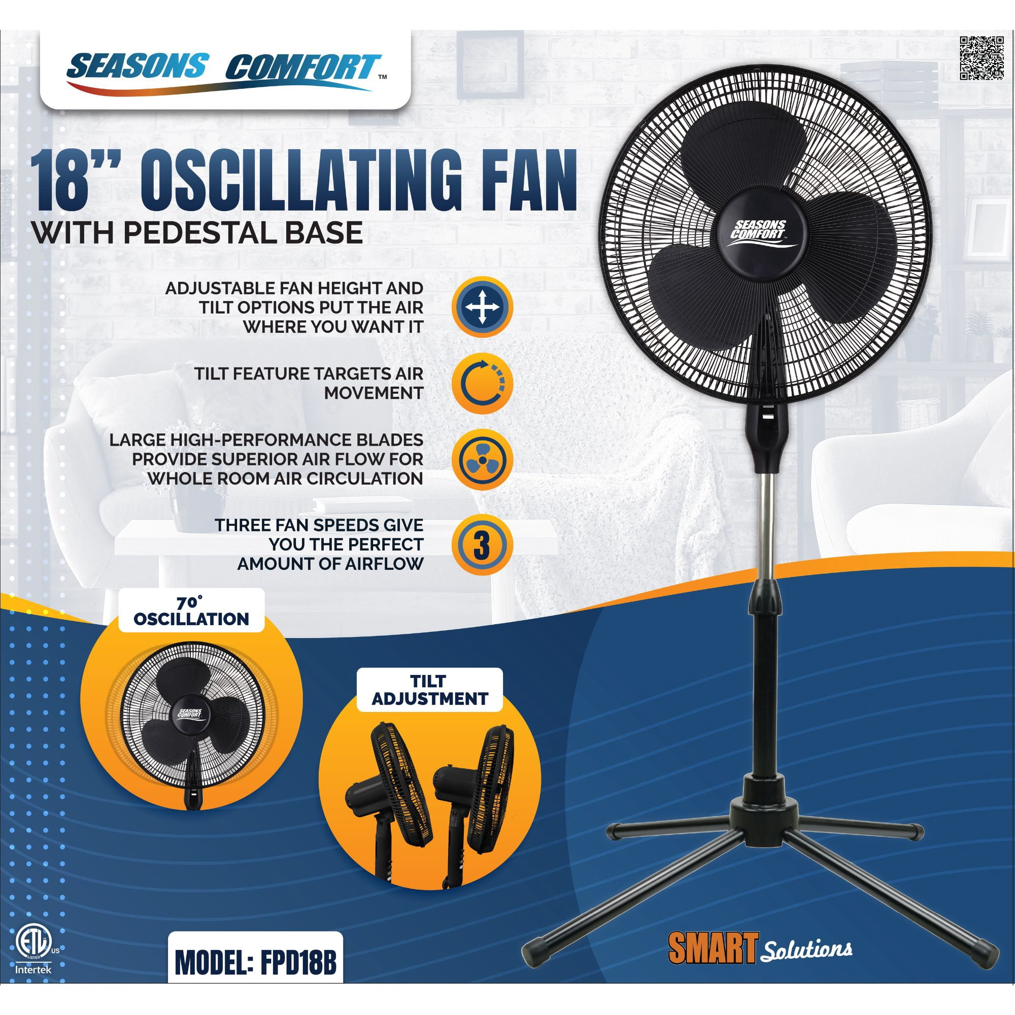 Seasons Comfort 18 Inch Oscillating Pedestal Fan, 3 Speeds, Adj Height - FPD18B