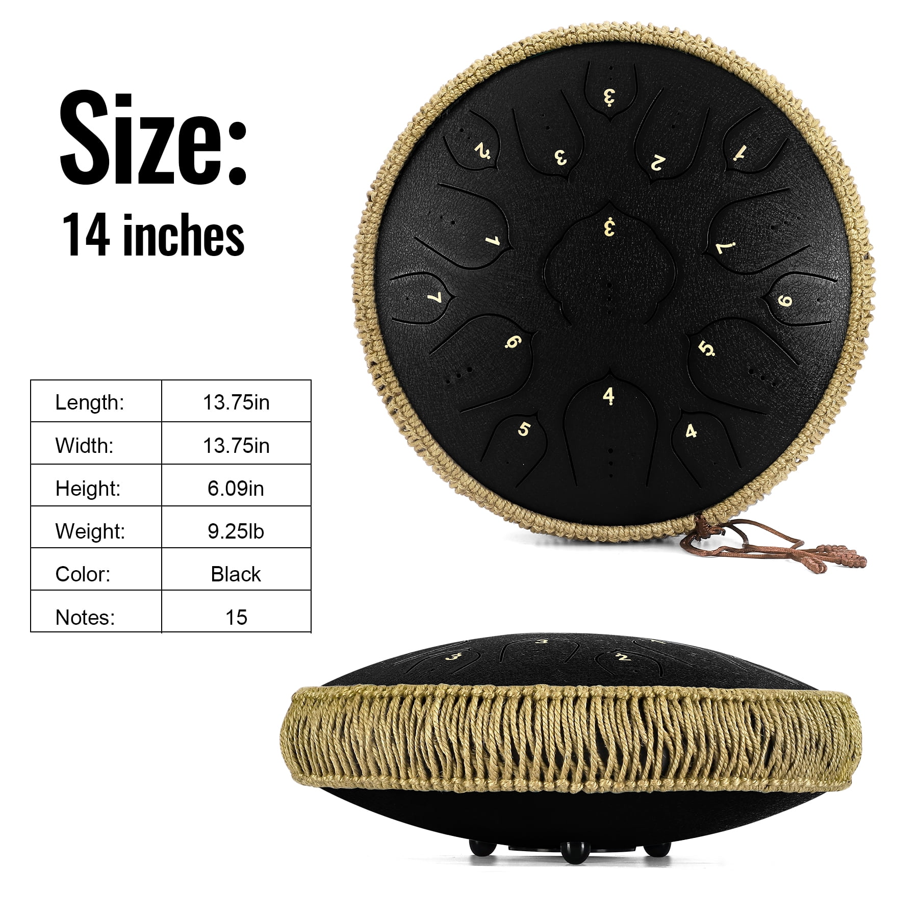 Steel Tongue Drum-14" 15 Note Tongue Pan Drums for Adults, D Major, Carry Bag, Black