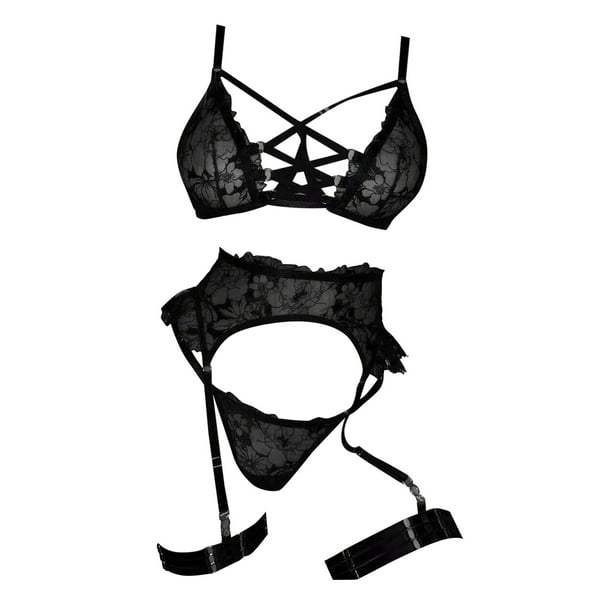 Gibobby Conjunto de lencería de encaje Ropa Lencería para Mujer Encaje Interior Halter Chemise V Cuello Camisón Sexy Ropa de Dormir Camisón Malla(Negro, G)