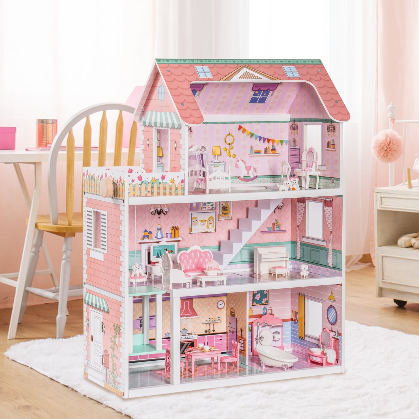 iRerts Doll Houses for Girls, Wooden Doll House with 24pcs Furniture, 3