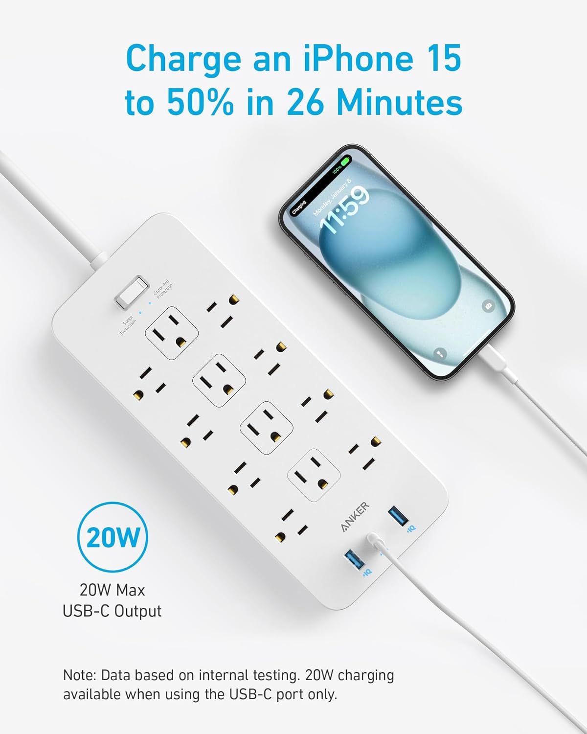Anker Power Strip with 3 USB Ports, Surge Protector (2100J-5ft), 12 Outlets with 2 USB-A Ports and 1 USB-C Port,Flat Plug, Compatible with iPhone 16/16 Pro/16 Pro Max, for Home,Office, TUV Listed