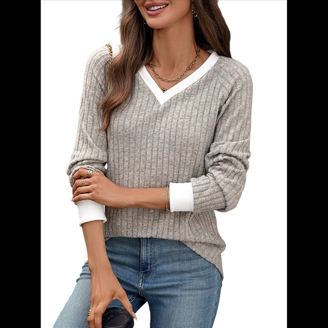 Camisas de Larga con Cuello en V y Bloques de Color para Mujer: Suéteres Túnica Ligeros Informales de Otoño, Conjuntos de Moda. Caqui XXL