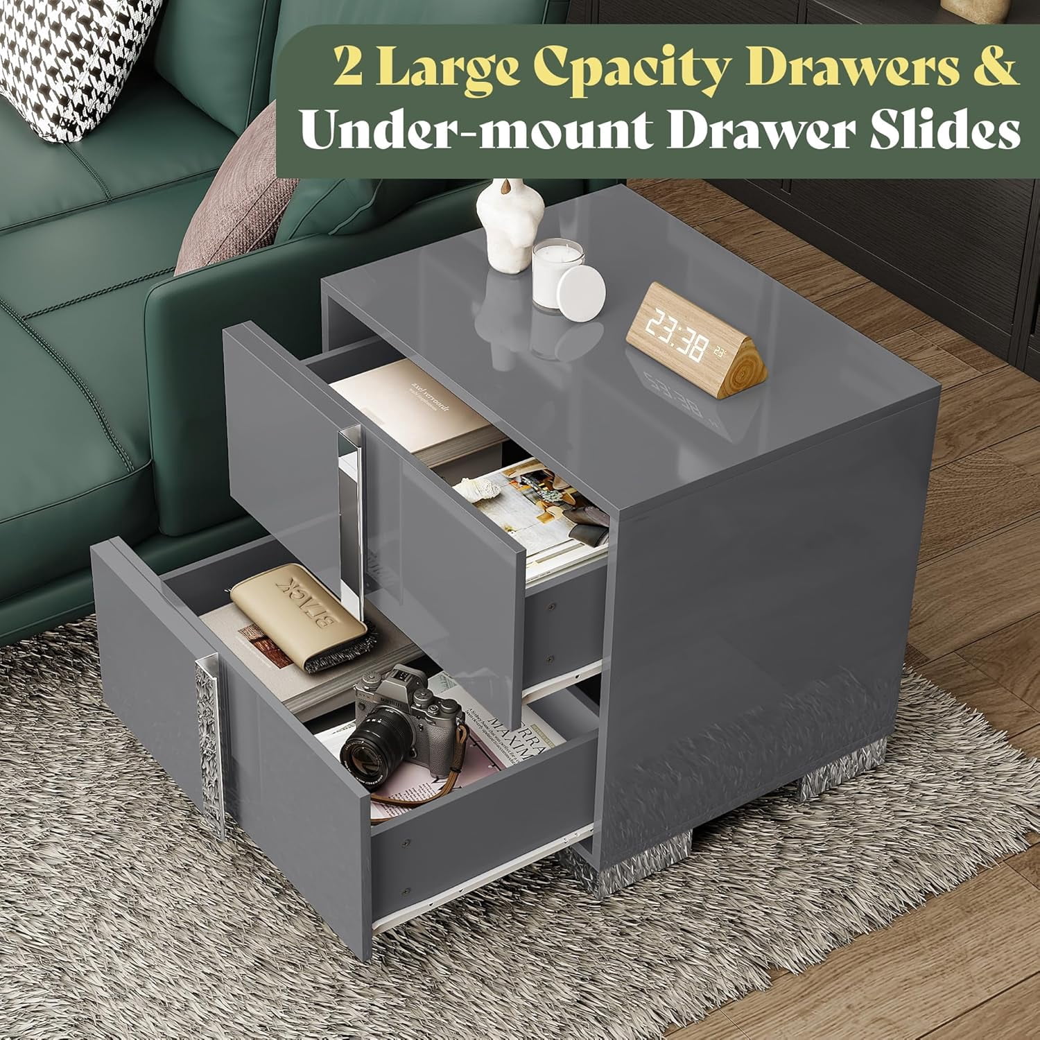 VanAcc Nightstand Set of 2 with Drawers & High Gloss UV Finish,Storage End Tables for Bedroom,Grey