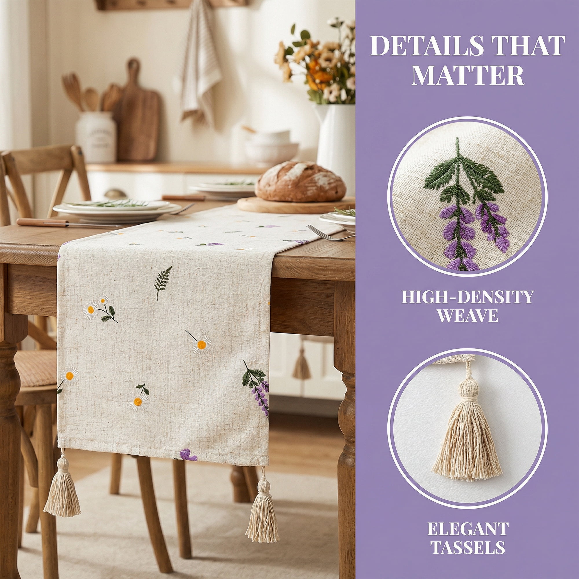 Unique Bargains Table Runner for Kitchen Decor with Tassel Lavender 11.8x63in