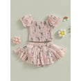 thumbnail image 2 of Bagilaanoe 2Pcs Toddler Baby Girls Skirt Set Floral Print Short Sleeve Ruched Tops + Lined Shorts Skirts 9M 12M 18M 24M 3T 4T Kids Summer Casual Outfits, 2 of 8