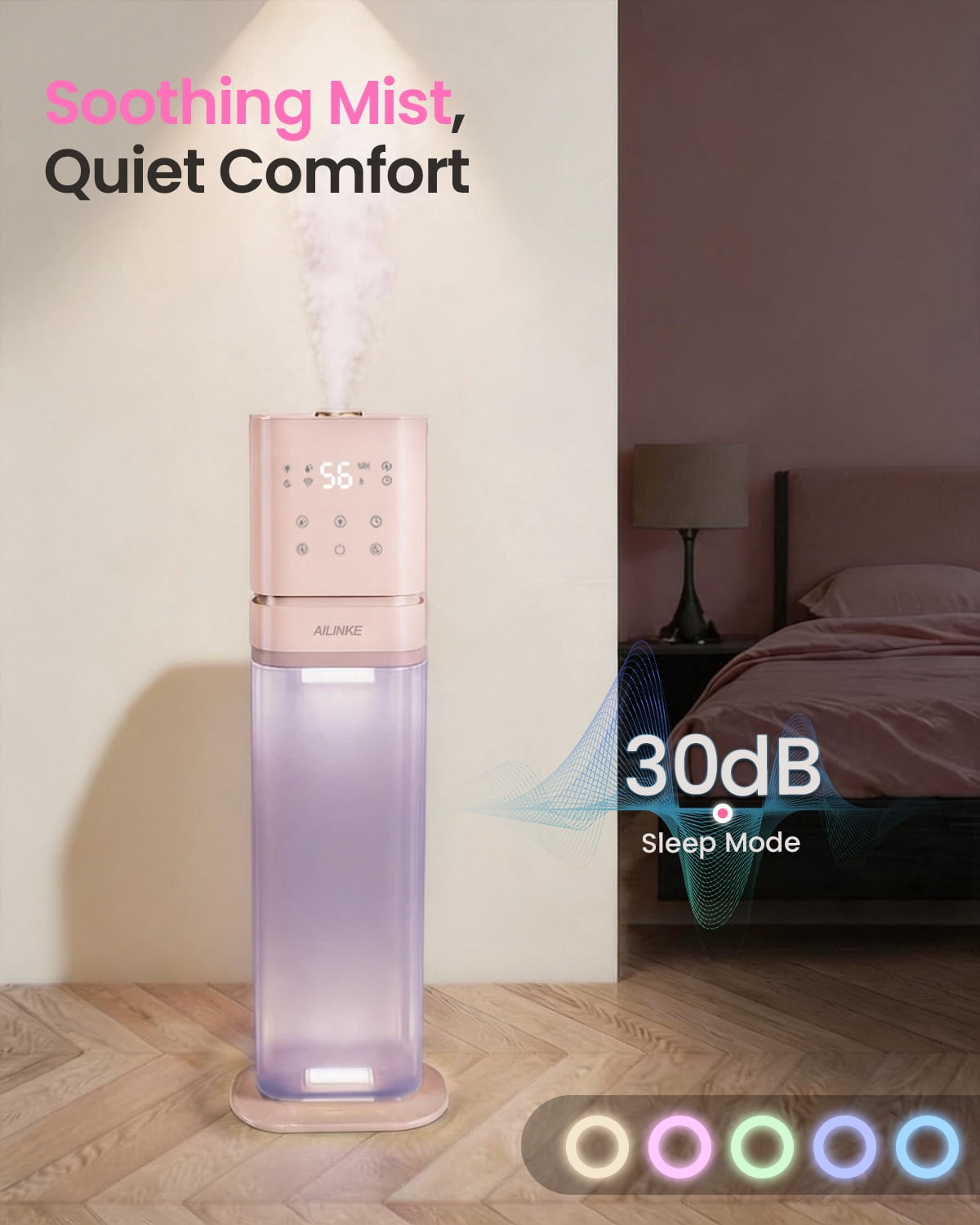 Smart Humidifier Large Room, 2.1Gal/8L Humidifiers for Bedroom with Extended Tube&Night Light, Whole House Cool Mist Humidifiers, WIFI App&Voice Control, School/Office/Warehouse, Pale Pink