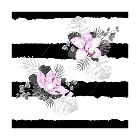 Blooms Stripe - Seamless Pattern of Leaves Monstera and Blooming Orchids on the Striped Background Print Wall Art By artant