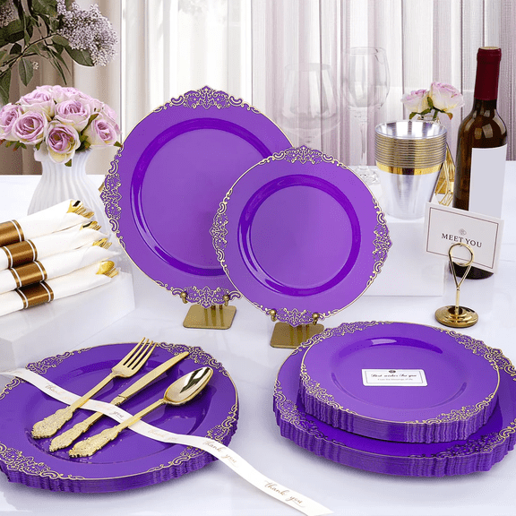 Goodluck 350 PCS Disposable Purple with Gold Rim Plastic Dinnerware Set for 50 Guests, Include: 100 Gold Rim Plastic Plates, 150 Silverwares, 50 Pre Rolled Napkins, 50 Cups for Party, Wedding