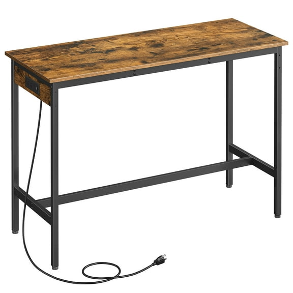 Narrow Industrial Bar Table with Built-in Charging Station, 15.7x47.2 Inch Kitchen Dining Table with USB Ports and Power Strip, Rustic Brown and Black