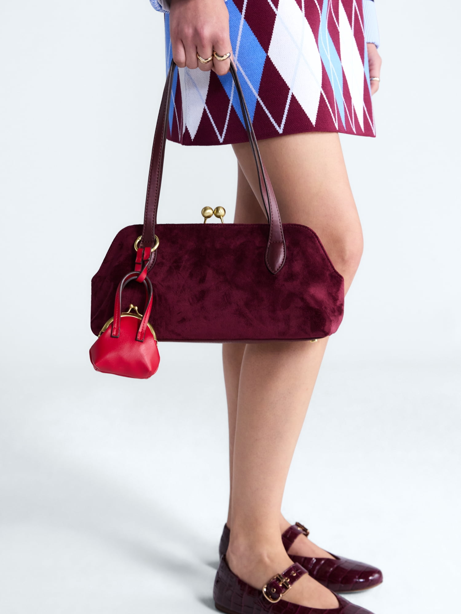 Free Assembly Women's Faux Suede Shoulder Bag with Mini Bag Charm, Deep Chianti