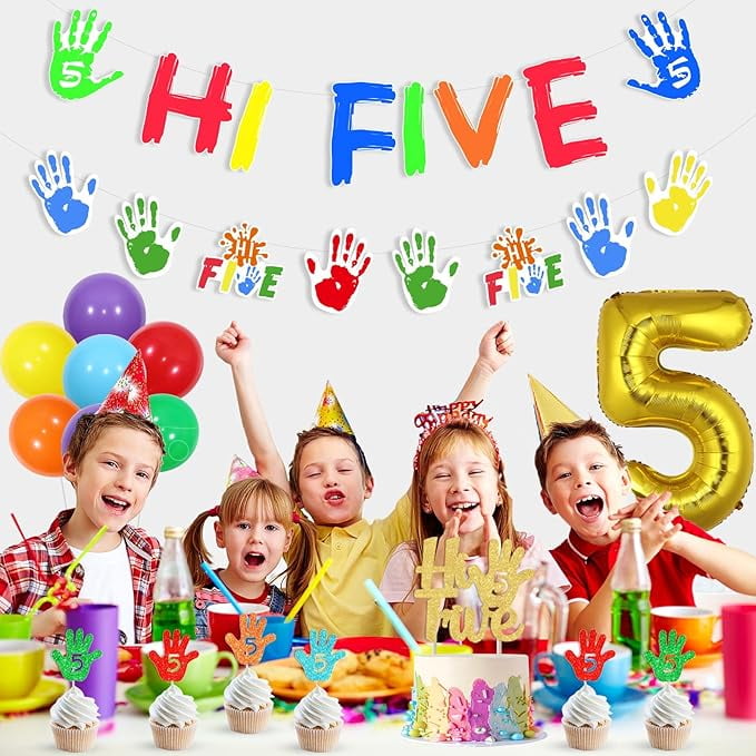 Hi Five Birthday Party Decorations, 5th Birthday Decorations for Boys Girls, Hi Five Banner Garland Cake Cupcake Toppers Number 5 Foil Balloon for 5 Year Old Bday Party