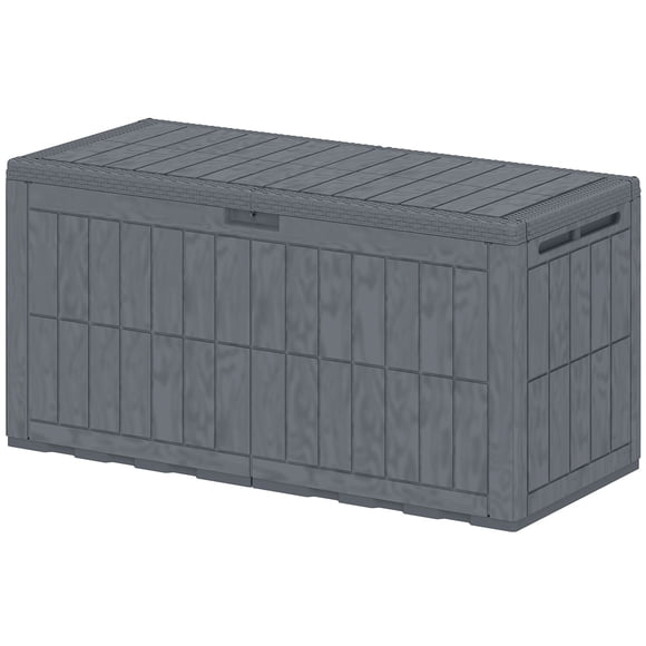 100 Gallon Outdoor Deck Box, Grey Resin Waterproof Storage Bench with Pneumatic Gas Rods & Lockable Lid, 48" W Large Patio Organizer for Garden, Poolside, and Backyard Seating