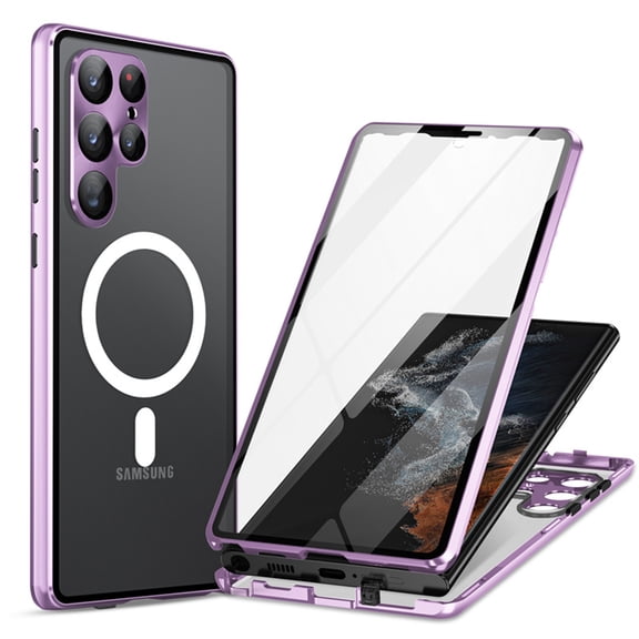 ELEHOLD Full Body Case for Samsung Galaxy S24 Ultra with Screen Protector Transparent Clear Plating Bumper Hard PC Magnetic Mag Safe Camera Lens Protector Shockproof Case for Samsung S24 Ultra,Purple