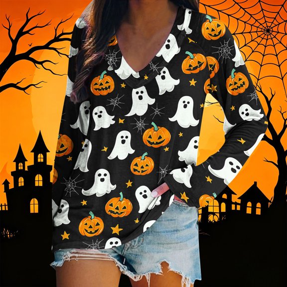 QUNYINEY Casual Tops for Women Long Sleeve Funny Halloween Shirts Crew Neck Cute Loose Fit Pullover Women's Blouse S-2XL