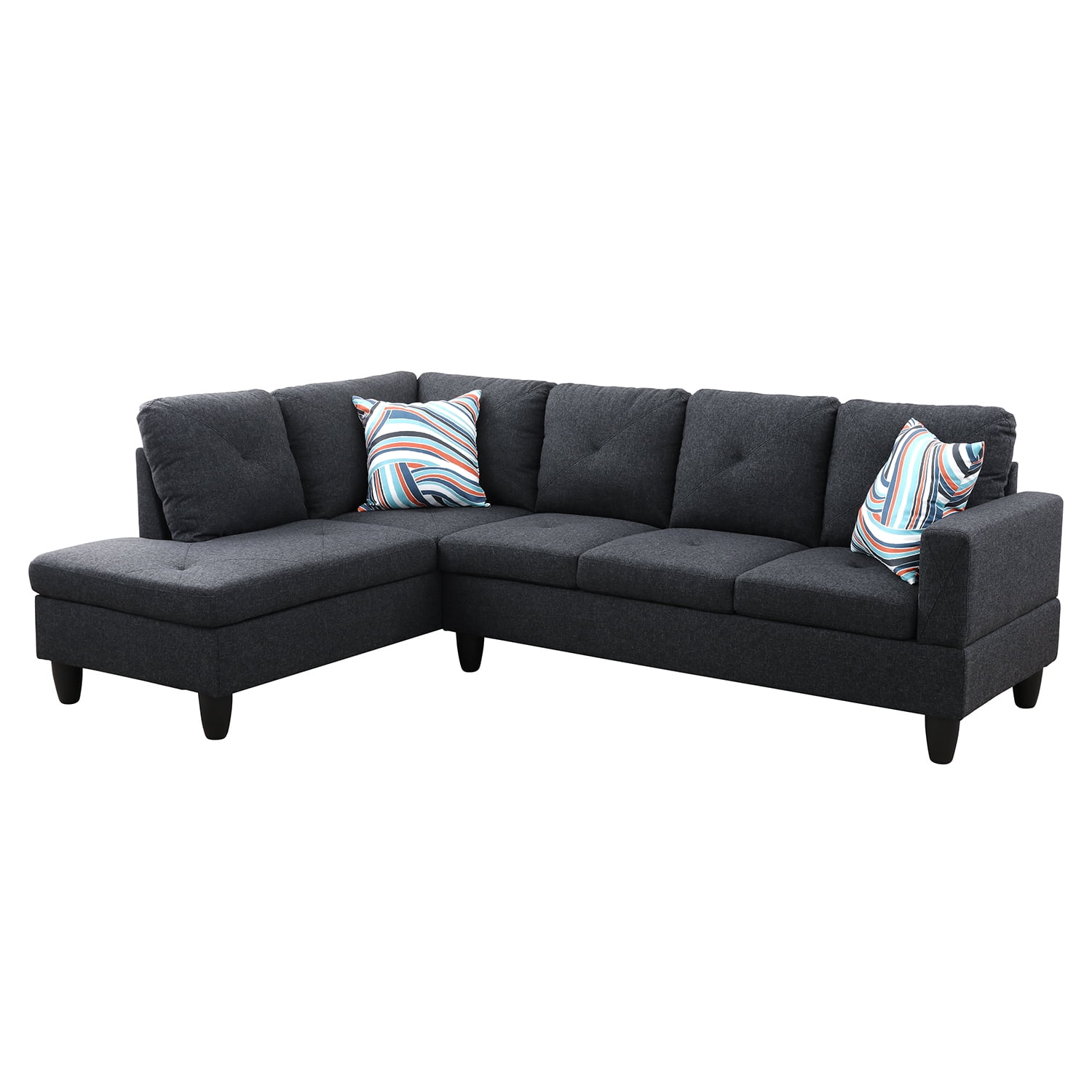 Hommoo Flannel 4-Seat L-Shape Sectional Couch Sofa, Living Room Furniture Sets, Black Grey(No Ottoman)