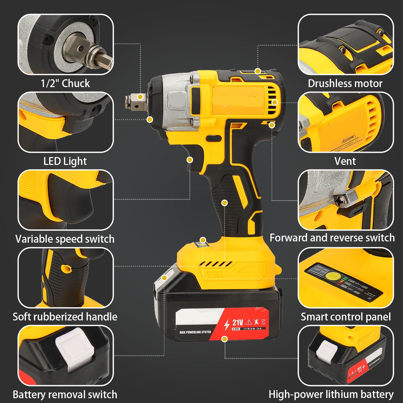 Cordless Impact Wrench 1/2", 21V Powerful Brushless Motor w/ 2-Mode Speed, Power Impact Wrench W/ 5 Sockets,8 Drill,8 Screws,  280 ft-lbs (280N.m), Includes 2 x 4.0A Batteries for Home Ca