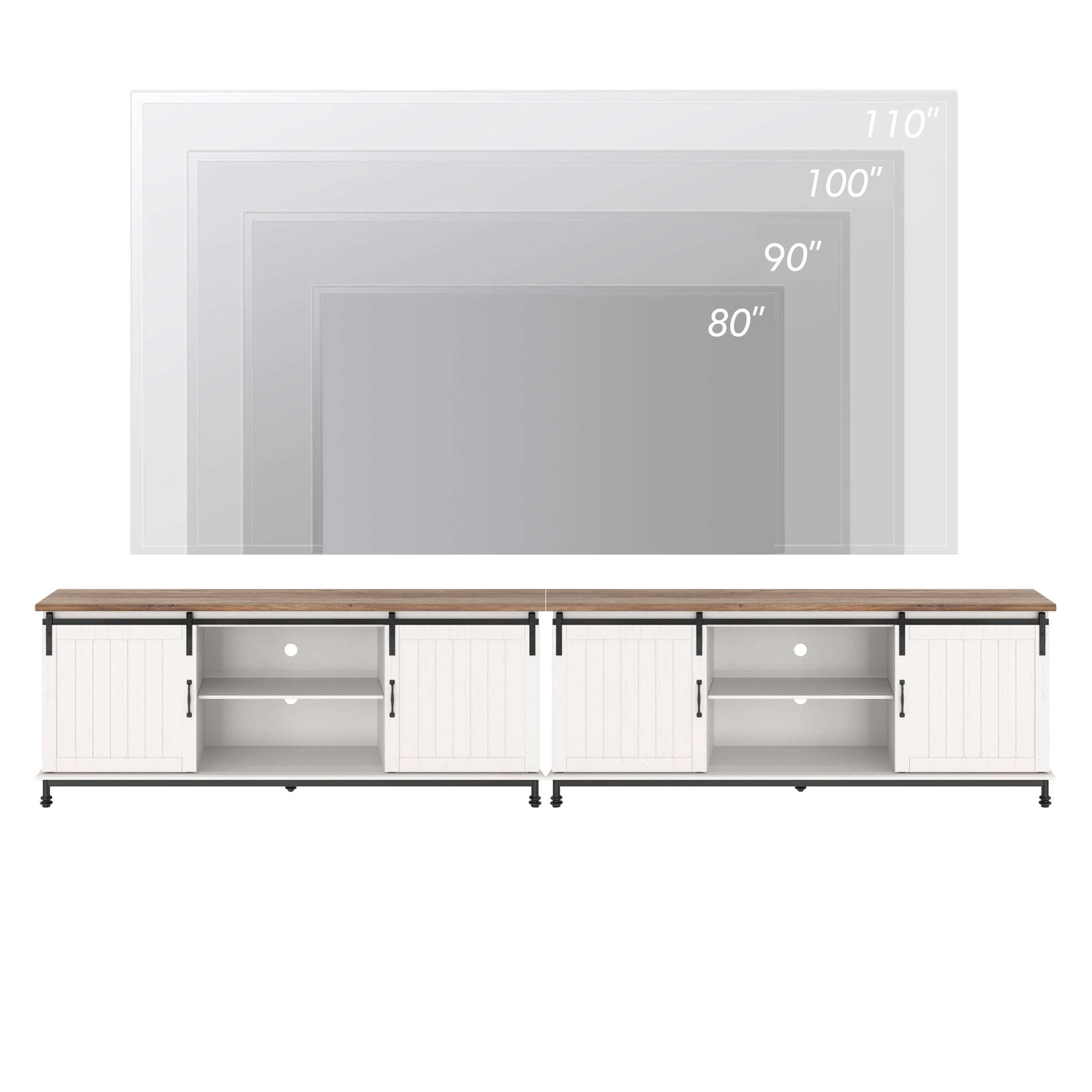 2-in-1 Piece Inches TV Stand with 16 Colorful Led Lights, Wood Entertainment Center for livingroom, Console Table Storage Cabinet with Sliding Barn Door for 80 90 100 110 Inch TV