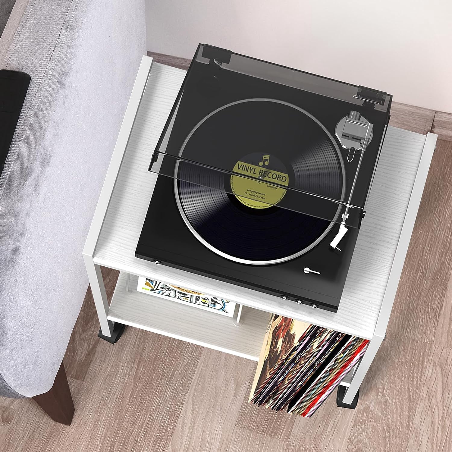 2-Tier End Table Record Player Stand with Wheels and Vinyl Storage Shelf, White