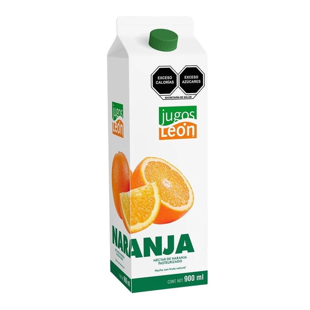 Jugo León de naranja 900 ml en envase cartonado con tapa verde, néctar pasteurizado con jugo natural de naranja, bebida sabor naranja ideal para compartir y acompañar alimentos, presentación práctica para despensa y consumo diario.