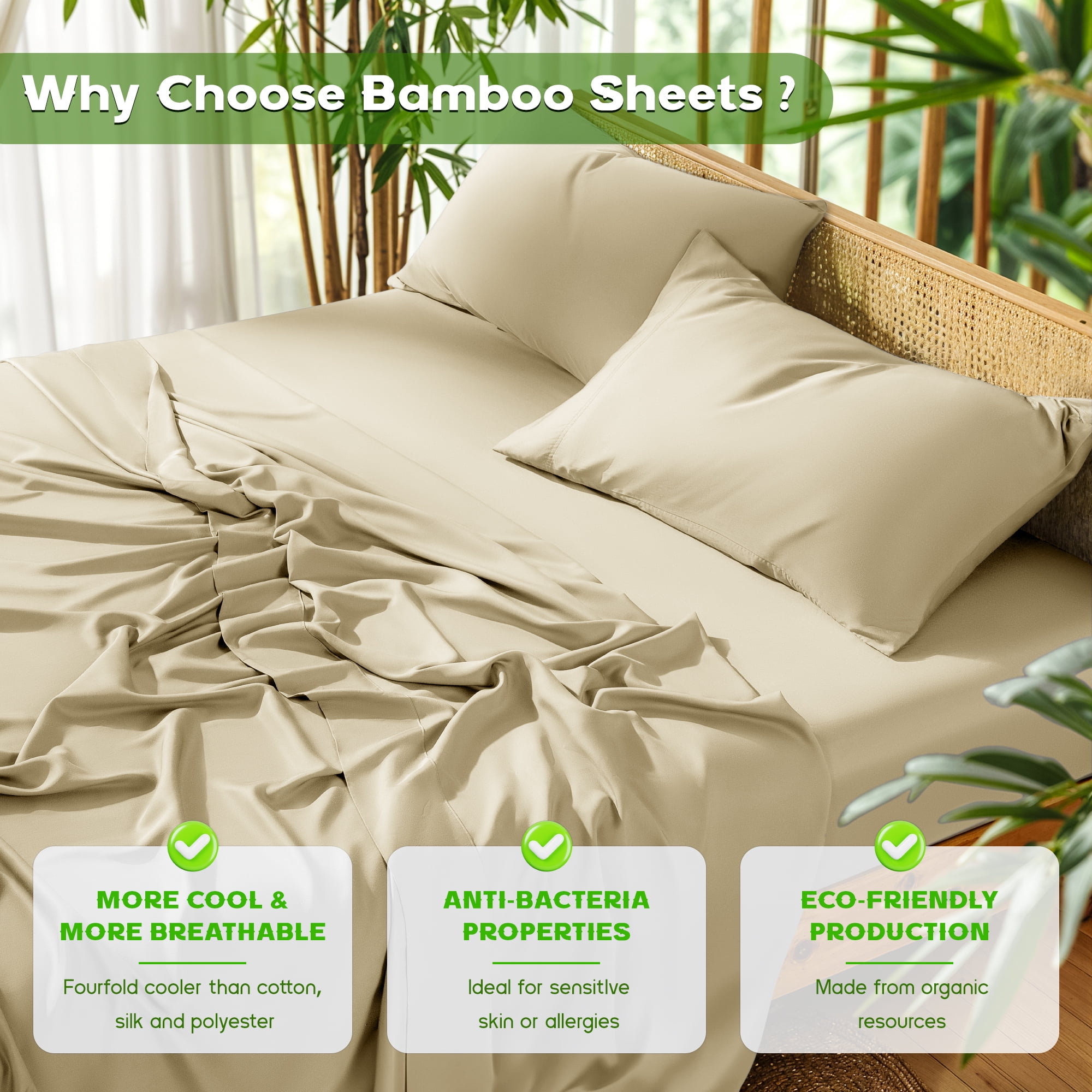 Sonoro Kate Luxury Cooling Bamboo Bed Sheet Set - Deep Pockets - 3 Piece, Twin XL, Beige