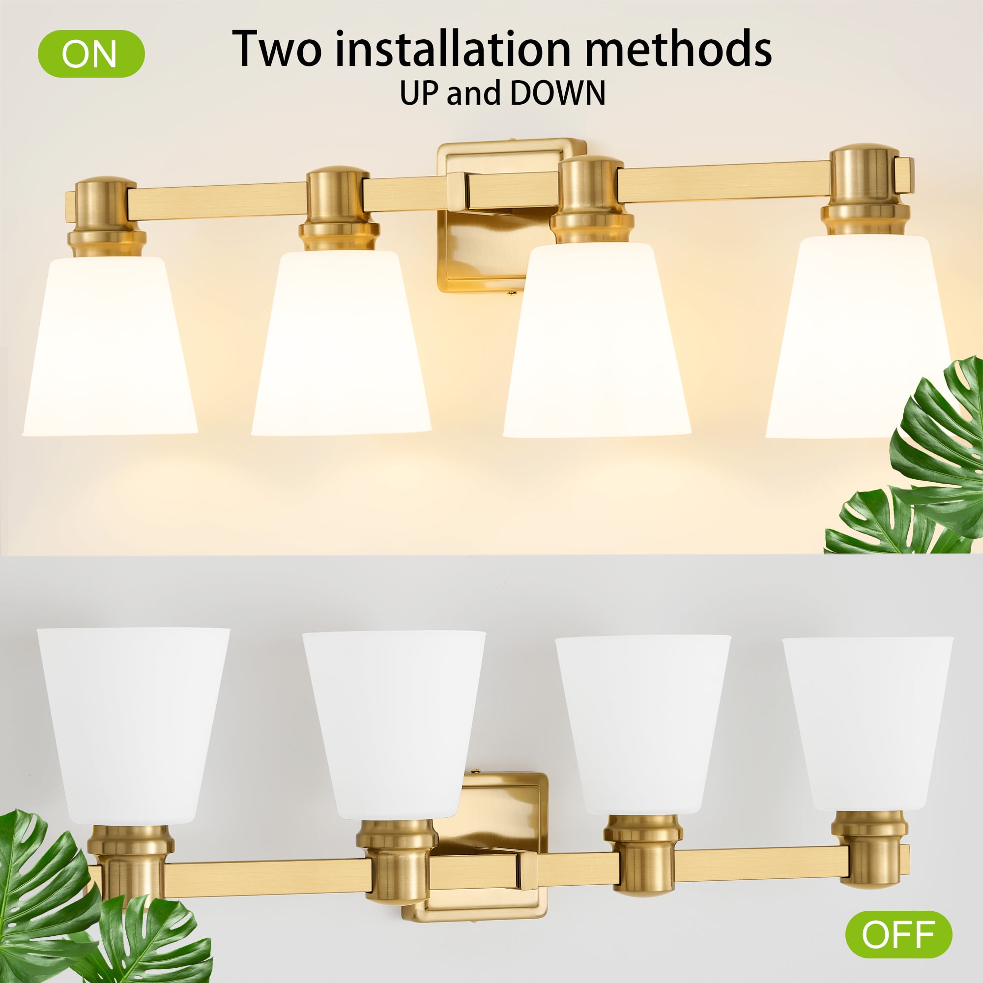 Deyidn 30" 4-Light Vanity Light, Gold Dimmable Bathroom Light Fixture with Milk White Cone Shades for Modern Farmhouse