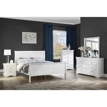 Master Bedroom Furniture White Color Solid wood Transitional 6pc Bedroom Set Queen Bed Dresser Mirror Nightstands Chest