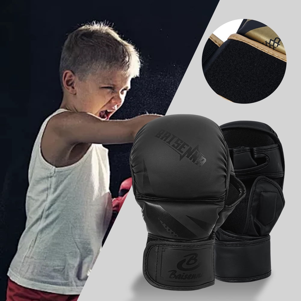 Half Finger Boxing Gloves Thickened Heavy Punching Bag Gloves Exercise Training PU Leather Sponge Gym Mitts Gloves(Children Black)