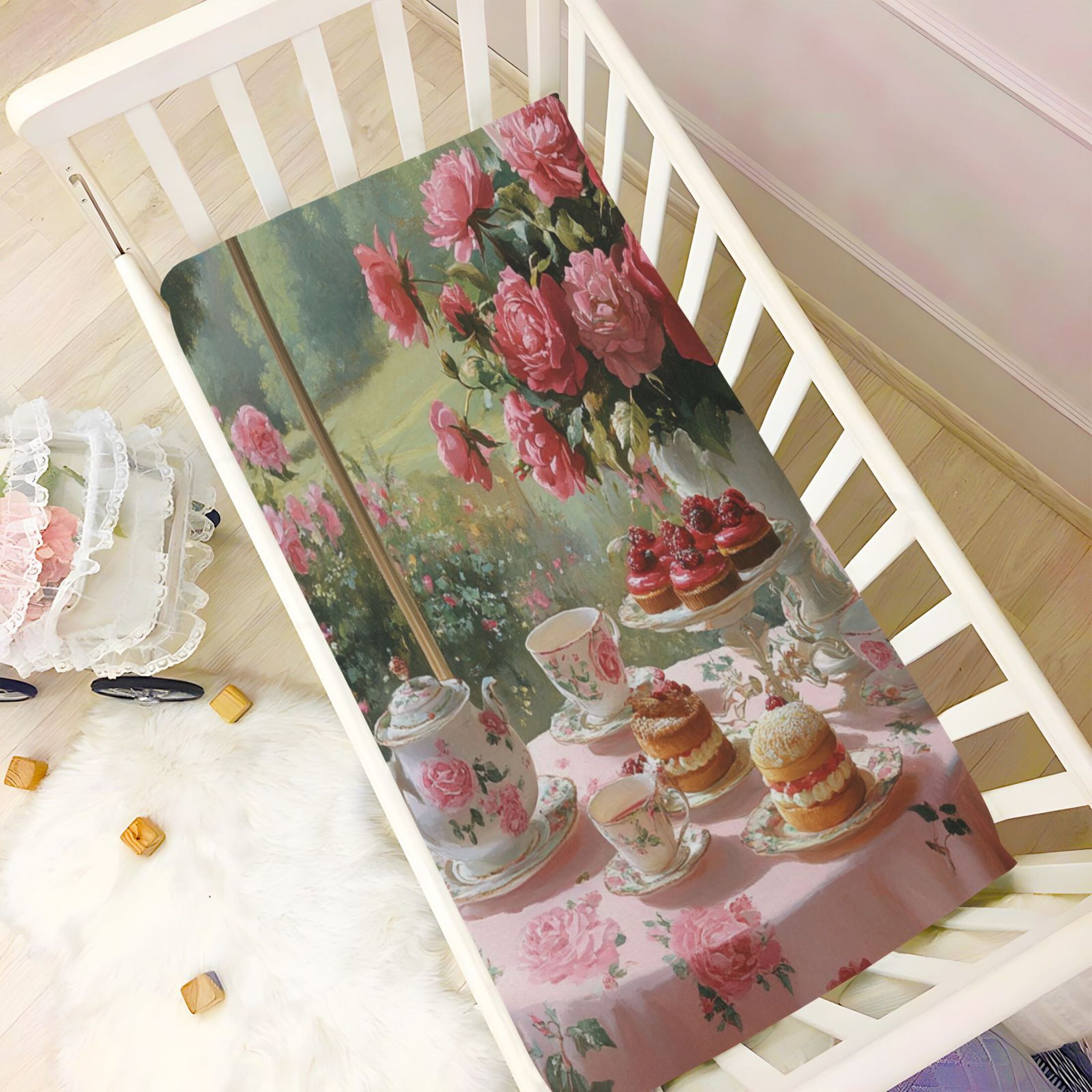 KUANGWANG Ultra Soft Fitted Microfiber Crib Sheets for Newborn Baby Boys Girls Tea Set with Roses Design Cute Pattern
