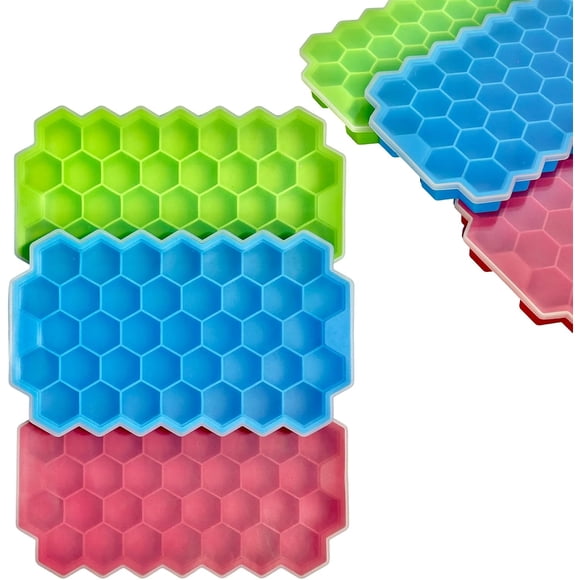 Juego de Moldes de Hielo de Silicona, 3 Piezas Molde, Bandeja de Cubitos de Hielo Antiadherente, Reutilizable de Grado Alimenticio sin BPA, Fácil Liberación, para Agua, Cola(Rojo + Verde + Azul)