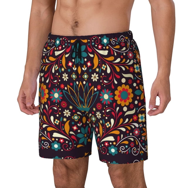 Kdxio Colorful Mexican2 Print Mens Swim Shorts with Mesh Lining, Breathable and Quick-Drying, Adjustable Waist, Privacy Pocket-Small