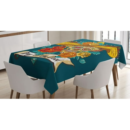 Turquoise And Orange Kitchen Day Of The Dead Decor Tablecloth, Mexican Festive Hat Skull with Roses Print, Rectangular Table Cover for Dining Room Kitchen, 60 X 84 Inches, Petrol Blue Turquoise Orange Marigold, by Ambesonne ()