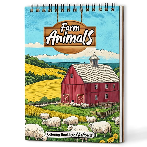 NETHOUSE Farm Animals Spiral Coloring Book for Adults, A5 Wooden Cover, 30 Adorable Coloring Pages of Cute Farm Animals, Cows, Pigs, Chickens, Ducks, Sheep and Barnyard Scenes