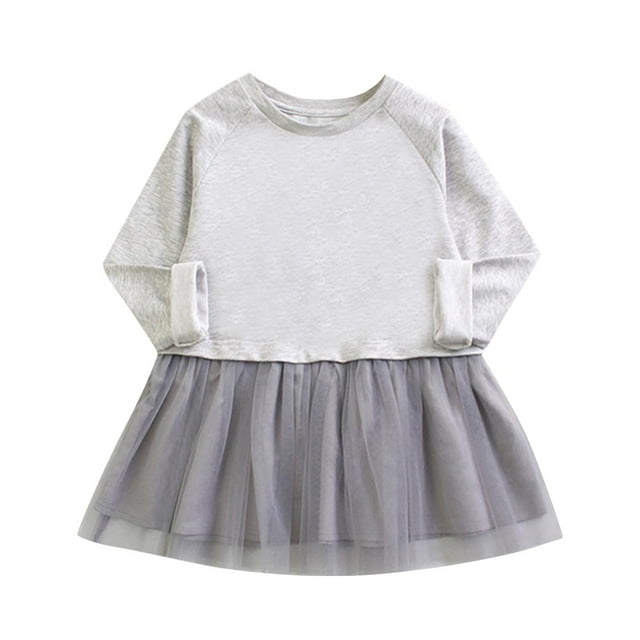 Odeerbi Niñas Manga Larga Algodón Vestido Tul Primavera Otoño Color Sólido Cuello Redondo Malla Splicing Vestido Suelto