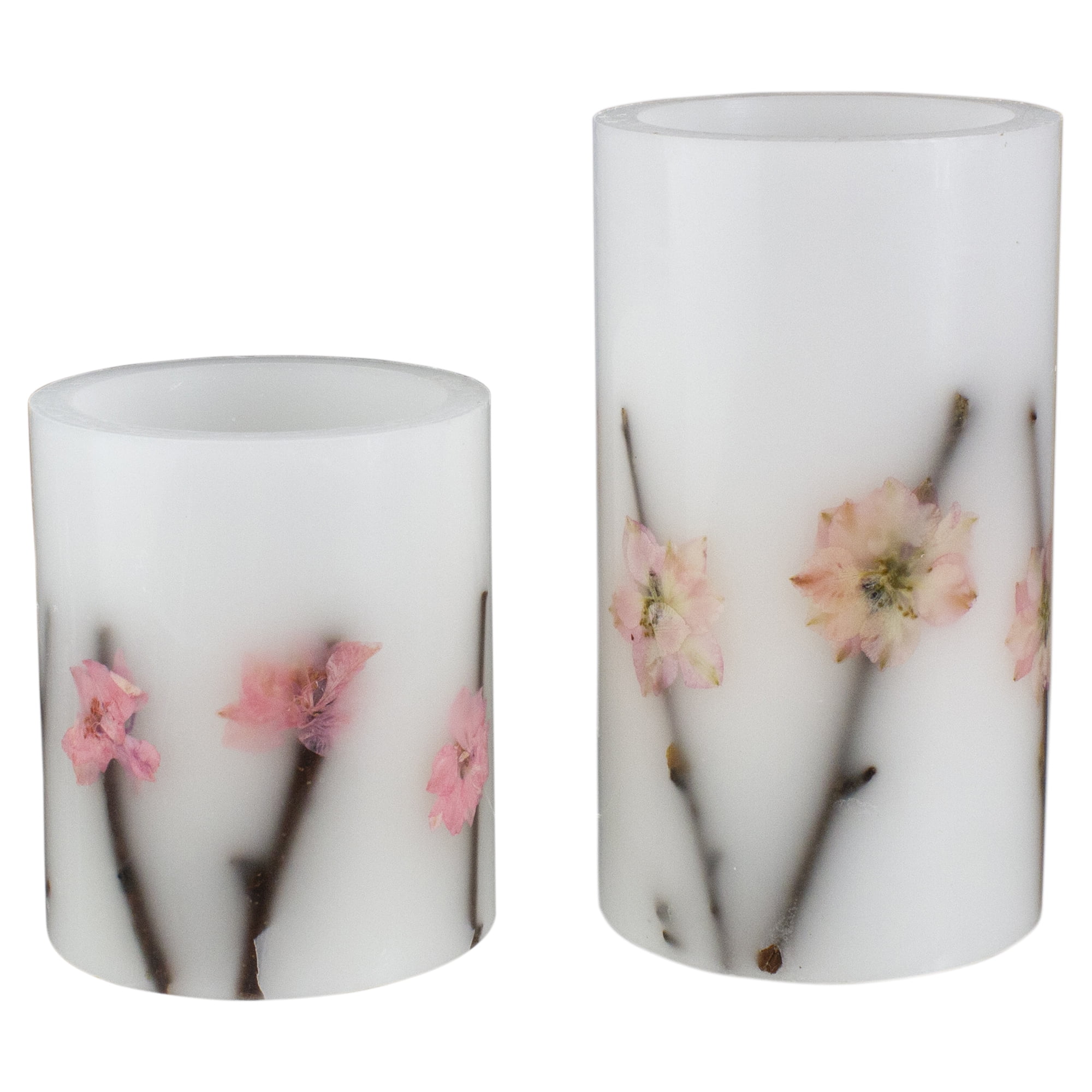 Set of 2 Floral Design Pressed Flower Flameless LED Pillar Candles