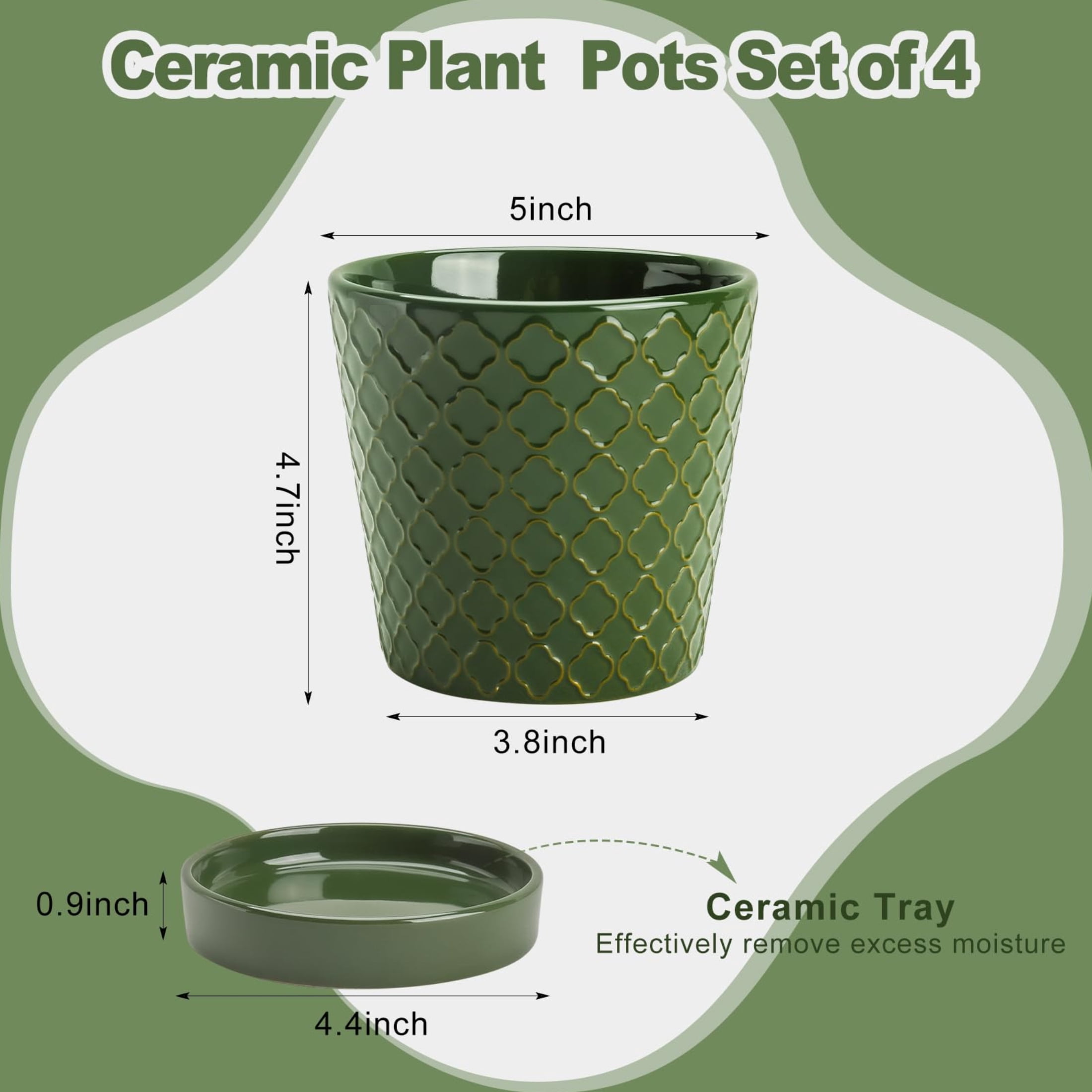 EFISPSS 5 inch Blackish Green Ceramic Plant Pots with Drainage Holes and Tray, 4-Pack Indoor Flower Pots for Herbs, Cactus, Home & Office Decor