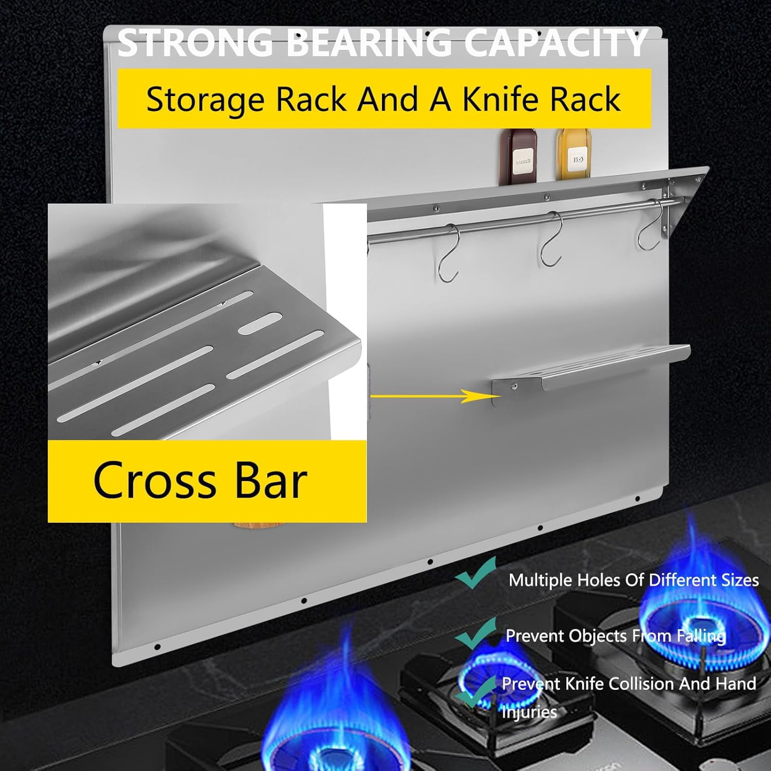 Range Backsplash with Shelf 36x 29.5 Inch Range Hood Wall Shield, Stainless Steel Backsplash Silver Splash Plate with Built-in Storage Shelf and Hanging Rack