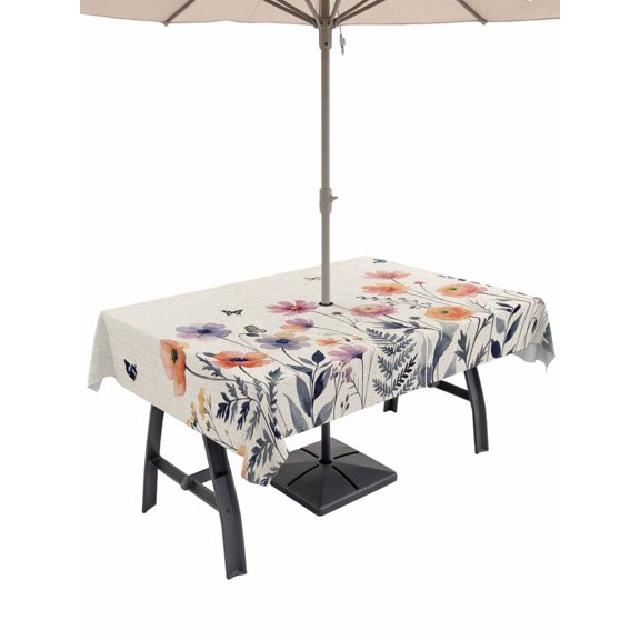 Outdoor Tablecloths with Umbrella Hole & Zipper, Spring Floral Tablecloth Rectangle 60x84 Inch, Elegant Pastoral Flowers Watercolor Botanical Waterproof Table Cloth, Patio/Pool/Picnic Table Covers