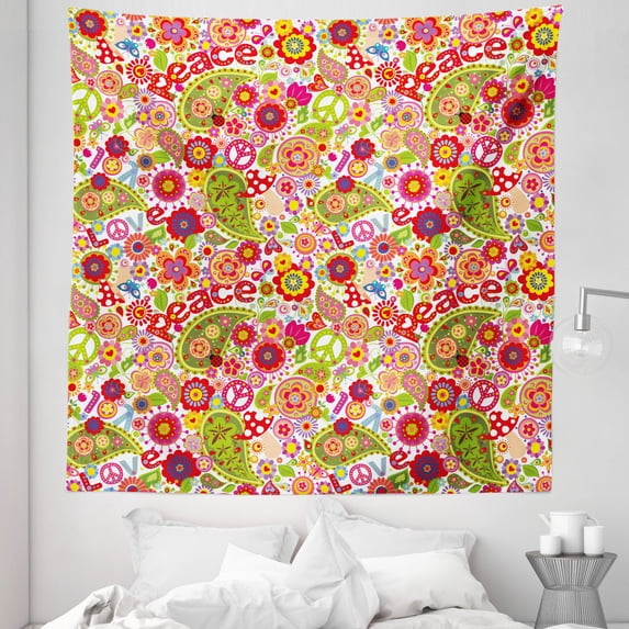 Hippie Tapestry, Hippie Composition of Mushrooms Poppies Peace Fun Work of Art, Fabric Wall Hanging Decor for Bedroom Living Room Dorm, 5 Sizes, Multicolor, by Ambesonne