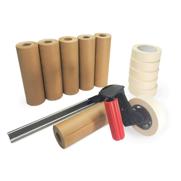 Idl Packaging Masking Kit - 9 x 60 Yards Brown Masking Paper (6 Rolls) & 1.41 x 60 Yards White Tape (6 Rolls) & Masking Paper/Tape Dispenser