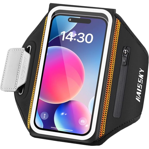 Running Armband with Earphone Bag Cell Phone Armband for iPhone 16 15 Pro 14 Plus 13 11 XR XS, Galaxy S24/S10 Water Resistant Sports Phone Holder Case & Zipper Slot Car Key Holder for 6.9 inch Phone