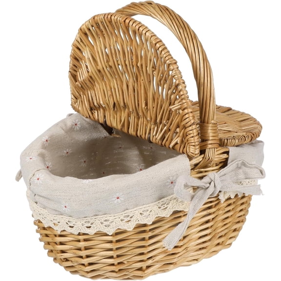 Oval Wicker Picnic Basket, 1PC Fruit Vegetable Storage Basket, Camping Picnic with Double Lid, for Storage and Decor