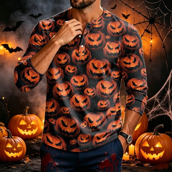 Domuza Mens Halloween Henley Shirts Funny Spooky Graphics Casual Long Sleeve Button Down Basic T Shirt Moisture Wicking Regular Fit Tops 3XL