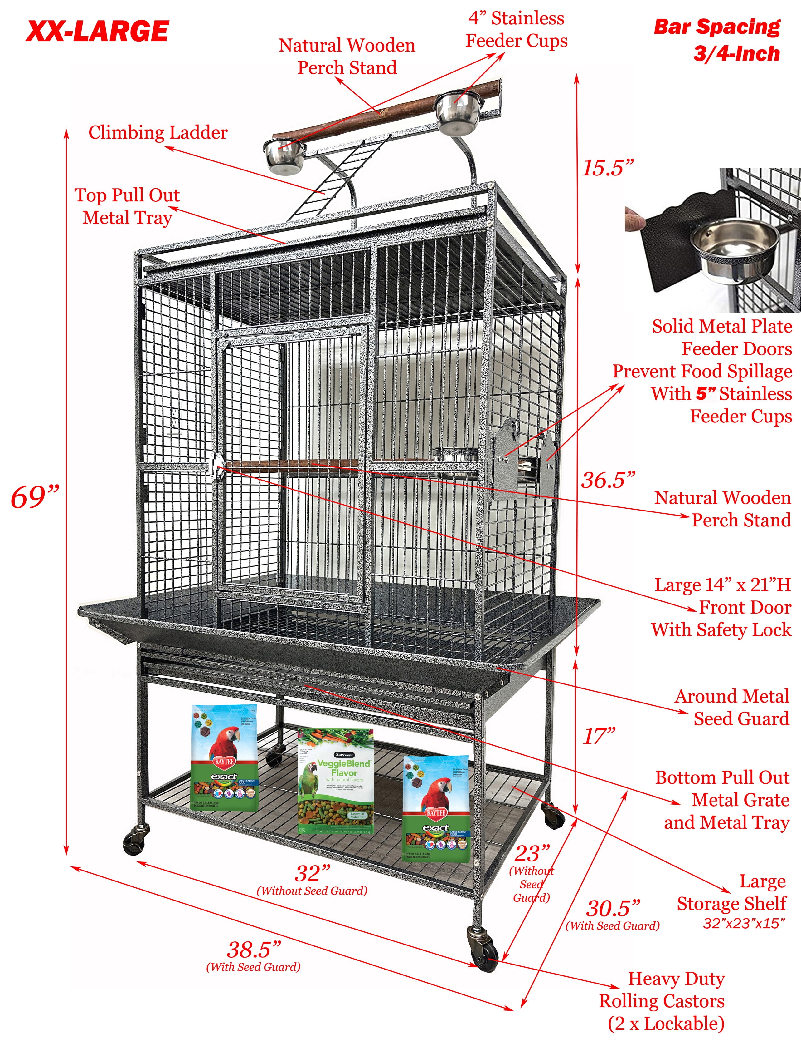 32"Lx23"Wx69"H X-LARGE Deluxe and Durable Wrought Iron Double Ladders Open Play Top Bird Parrot Rolling Cage, Include Stainless Feed Cups Natural Wooden Stand Perch Seed Guard