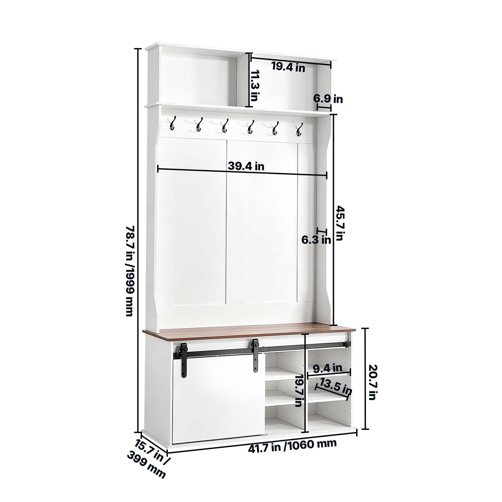 KFFKFF Entryway Hall Tree with Bench and Storage, 42" Wide, Wooden Furniture with Hanging Hooks, Adjustable Shoe Shelves, and Storage Shelves for Mudroom, Hallway, or Entryway, White