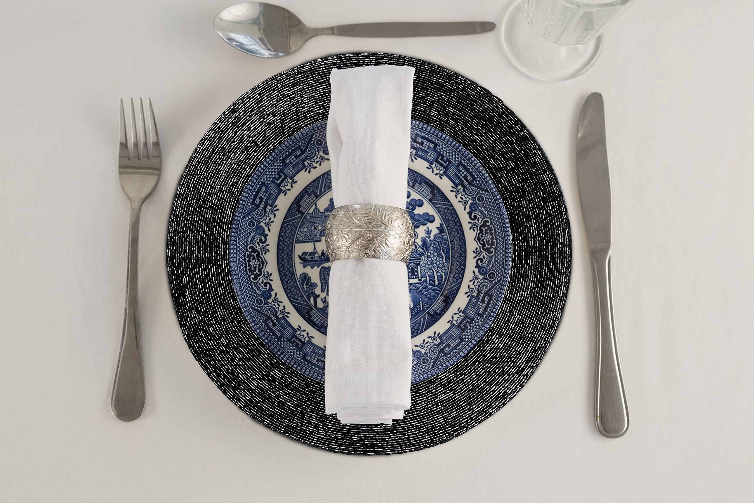 Homebia Designs Round Black Beaded Placemats Set of 4 - Handcrafted Decorative Table Chargers - Elegant Farmhouse Table Mats for Dining, Holiday Dinner, Parties, Wedding & Home Décor - 13 Inch Black